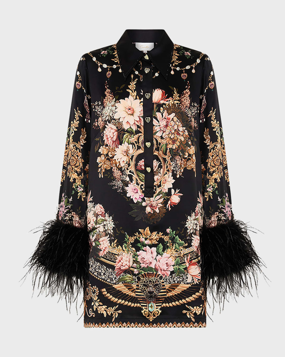 Dynasty Daze Silk Mini Shirtdress with Feathers
